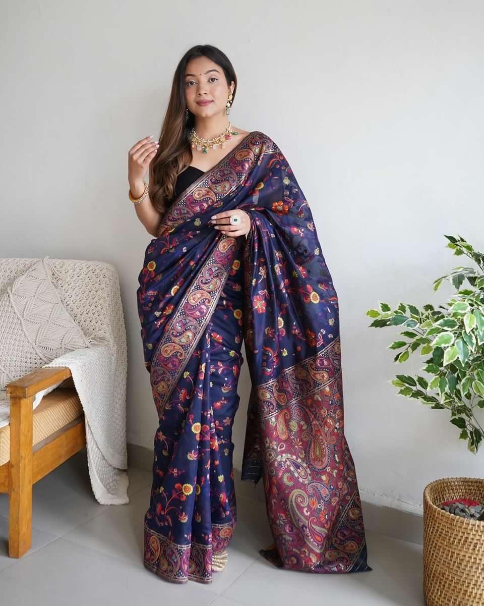 Pashmina Cotton Meenakari Woven Saree with Rich Pallu