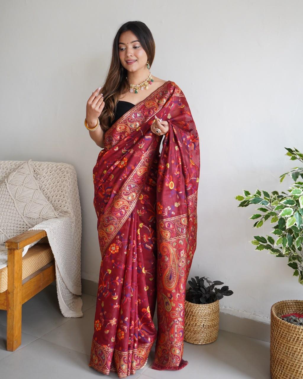 Pashmina Cotton Meenakari Woven Saree with Rich Pallu