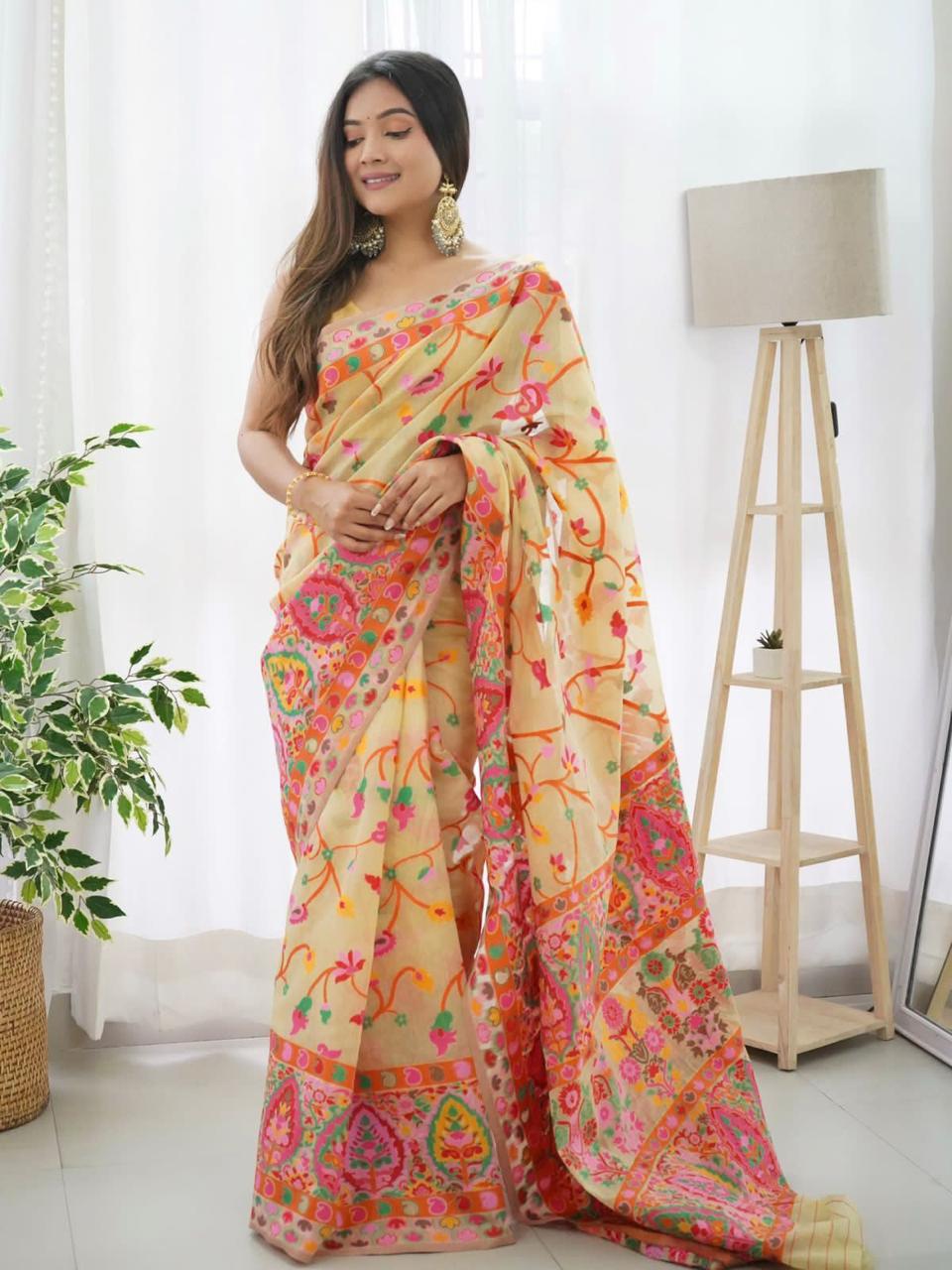 Pashmina Cotton Meenakari Woven Saree with Rich Pallu