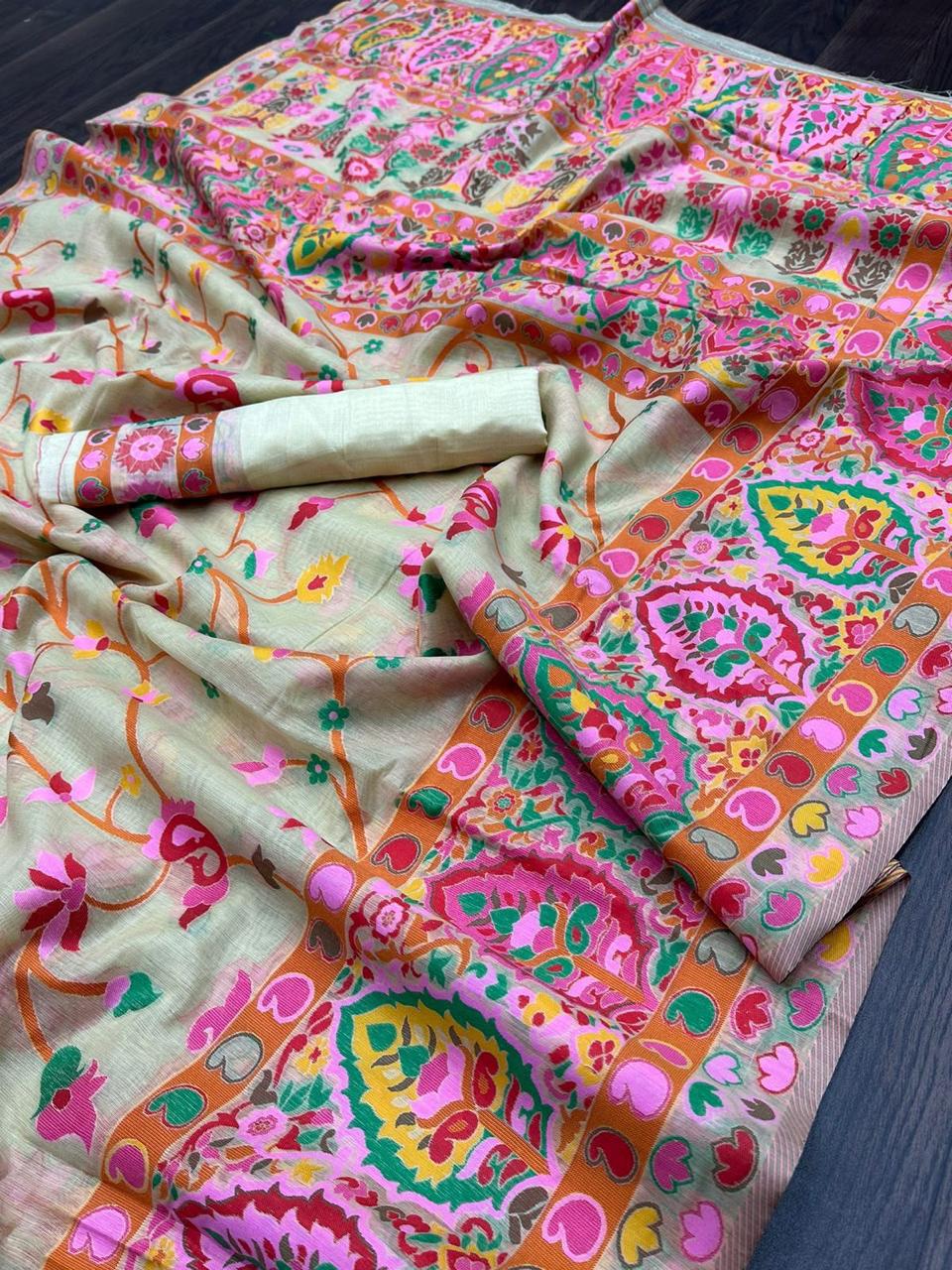 Pashmina Cotton Meenakari Woven Saree with Rich Pallu