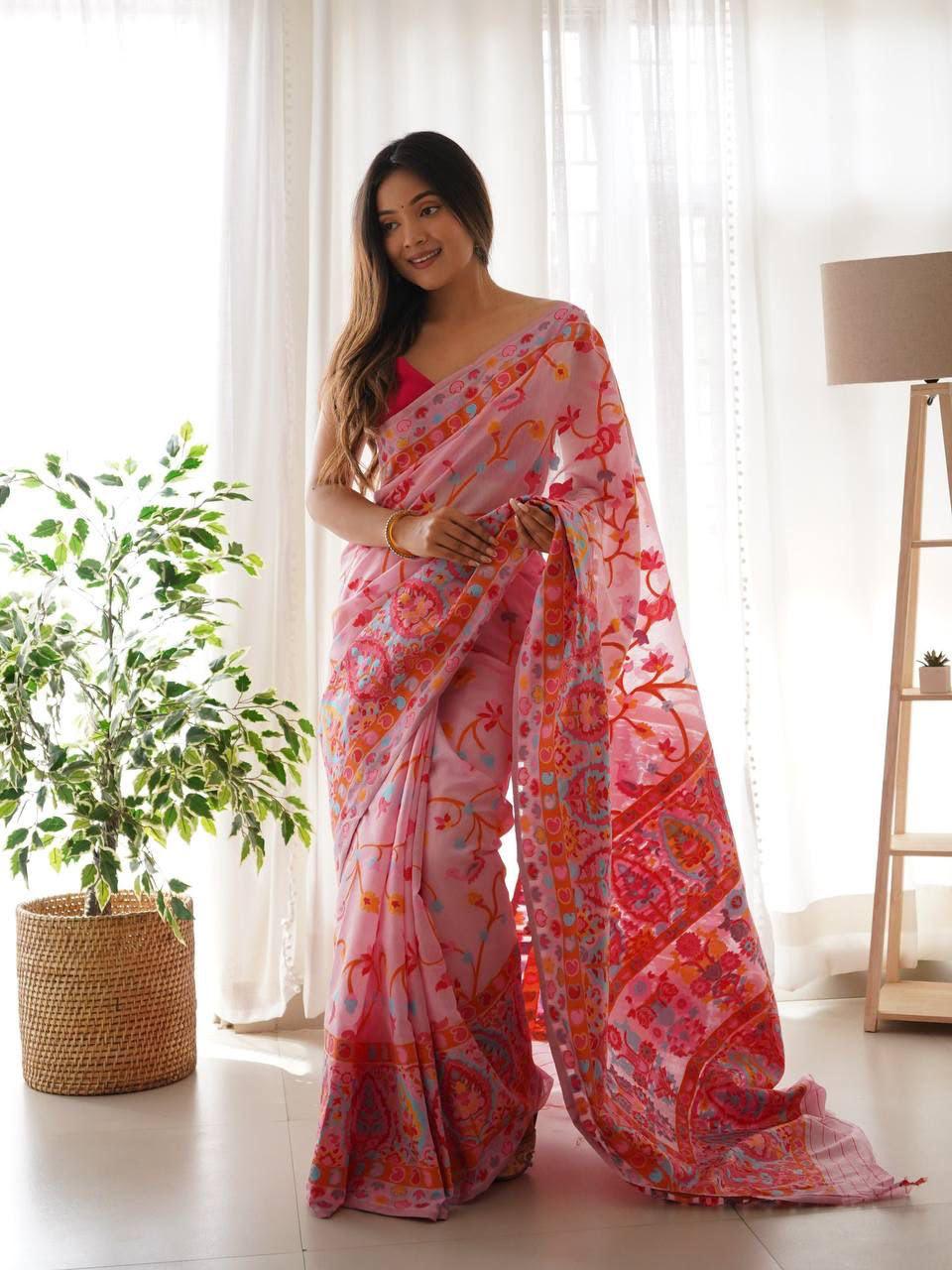 Pashmina Cotton Meenakari Woven Saree with Rich Pallu