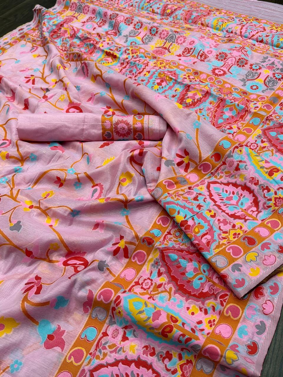 Pashmina Cotton Meenakari Woven Saree with Rich Pallu
