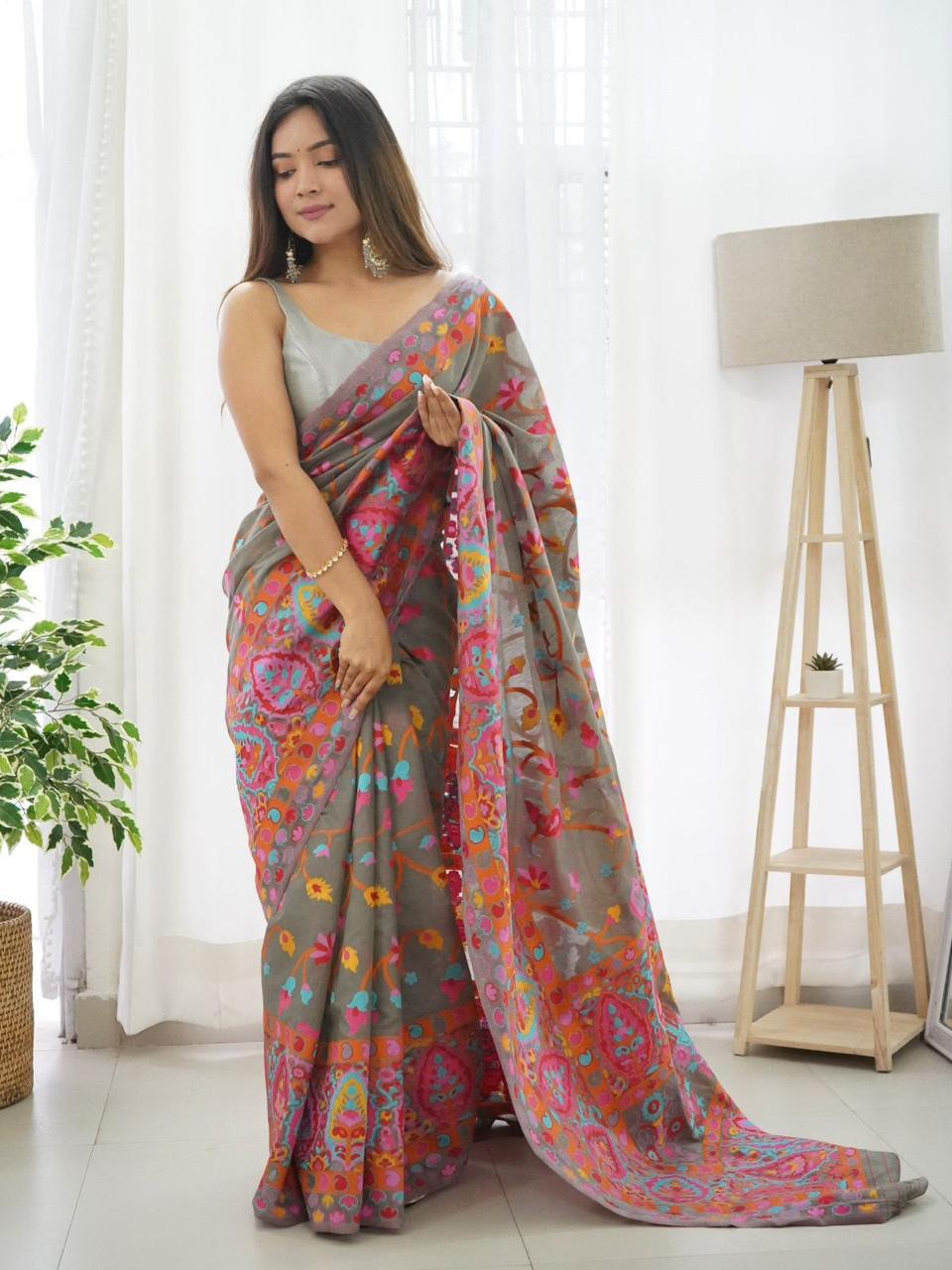 Pashmina Cotton Meenakari Woven Saree with Rich Pallu