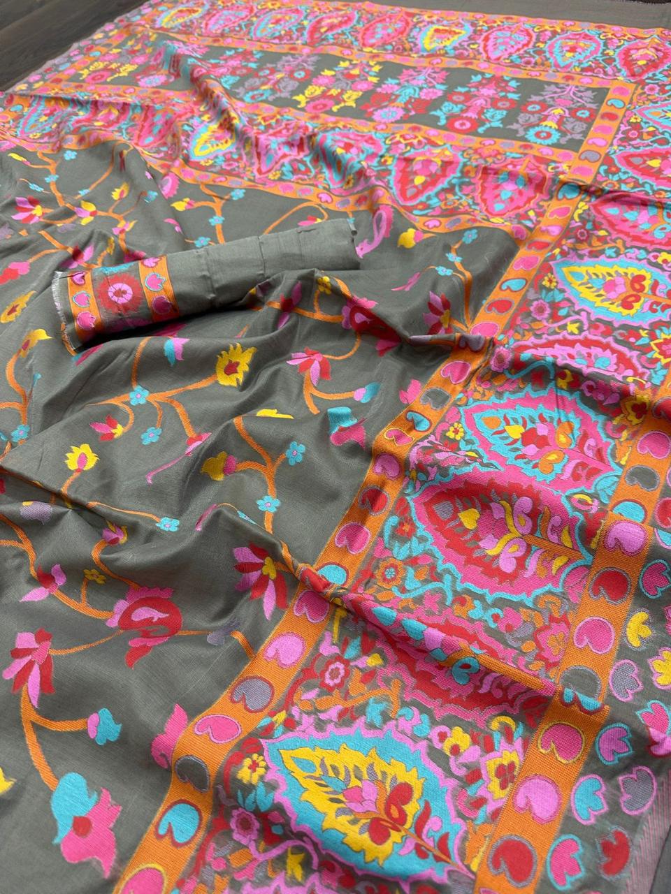 Pashmina Cotton Meenakari Woven Saree with Rich Pallu