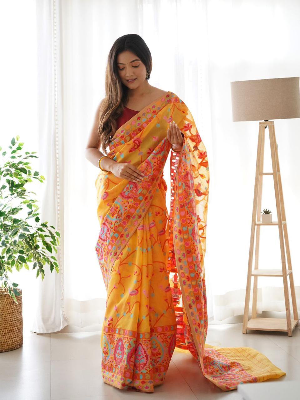 Pashmina Cotton Meenakari Woven Saree with Rich Pallu