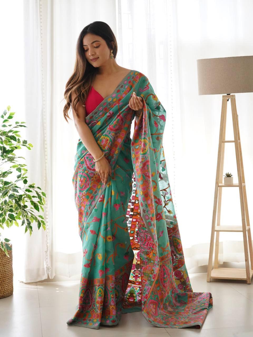 Pashmina Cotton Meenakari Woven Saree with Rich Pallu
