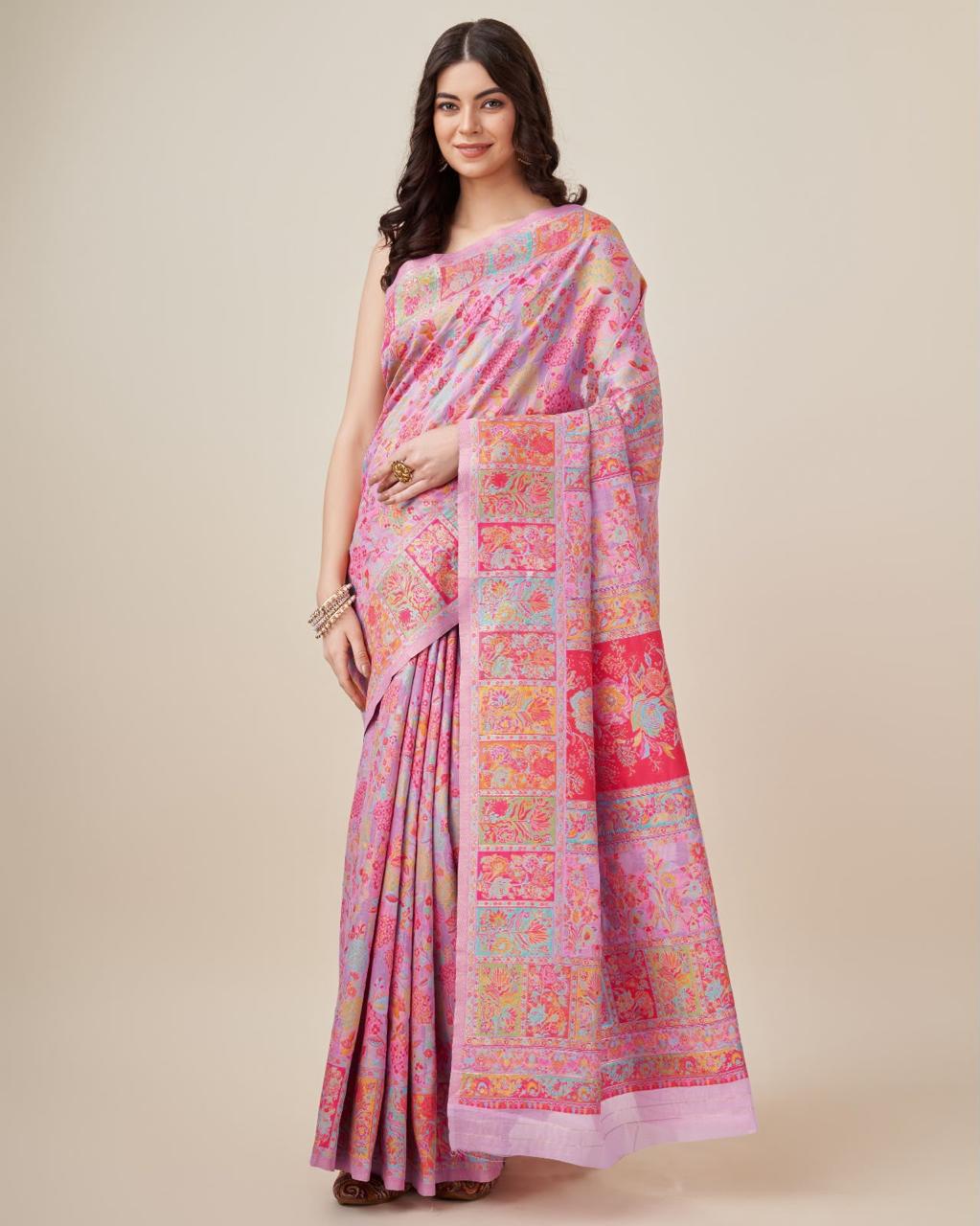 Pashmina Cotton Meenakari Woven Saree with Rich Pallu