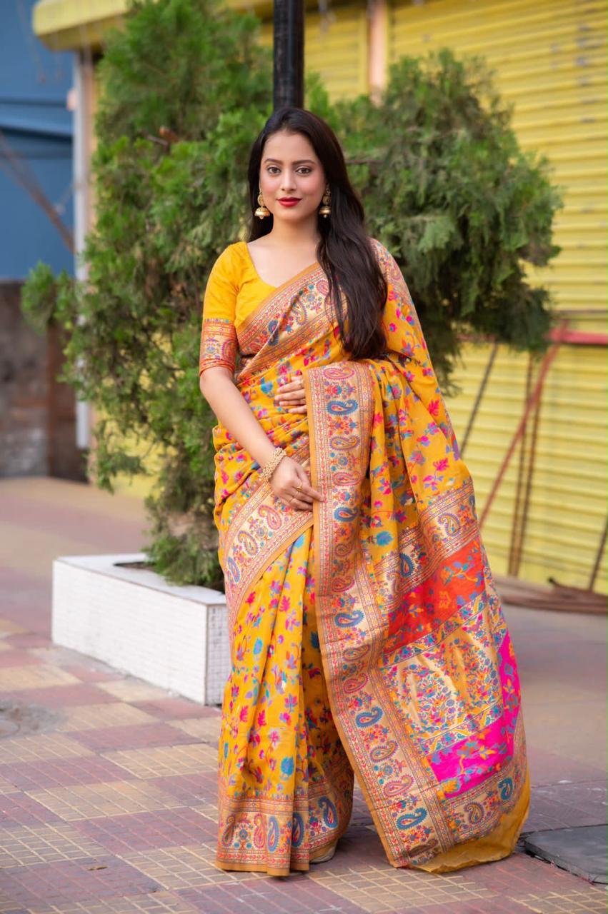 Pashmina Cotton Meenakari Woven Saree with Rich Pallu