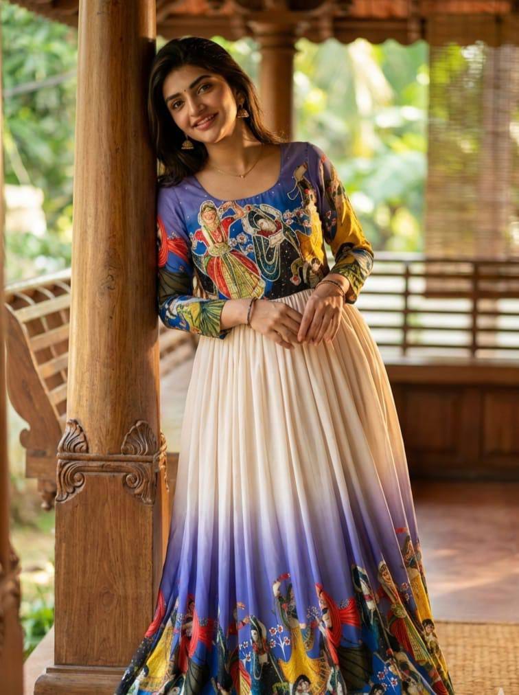 Kalamkari Printed Maslin Anarkali Gown with Khatli Work