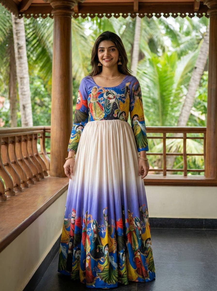 Kalamkari Printed Maslin Anarkali Gown with Khatli Work