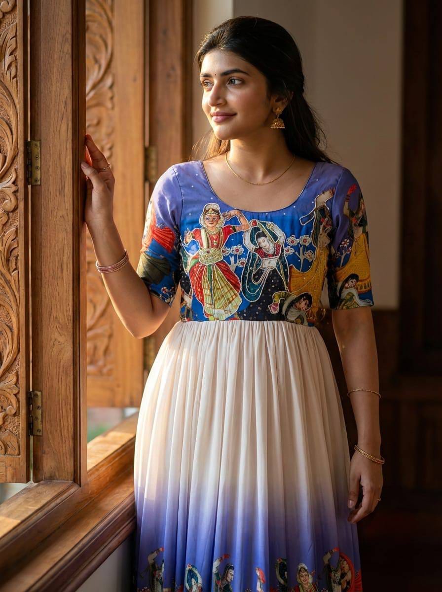 Kalamkari Printed Maslin Anarkali Gown with Khatli Work