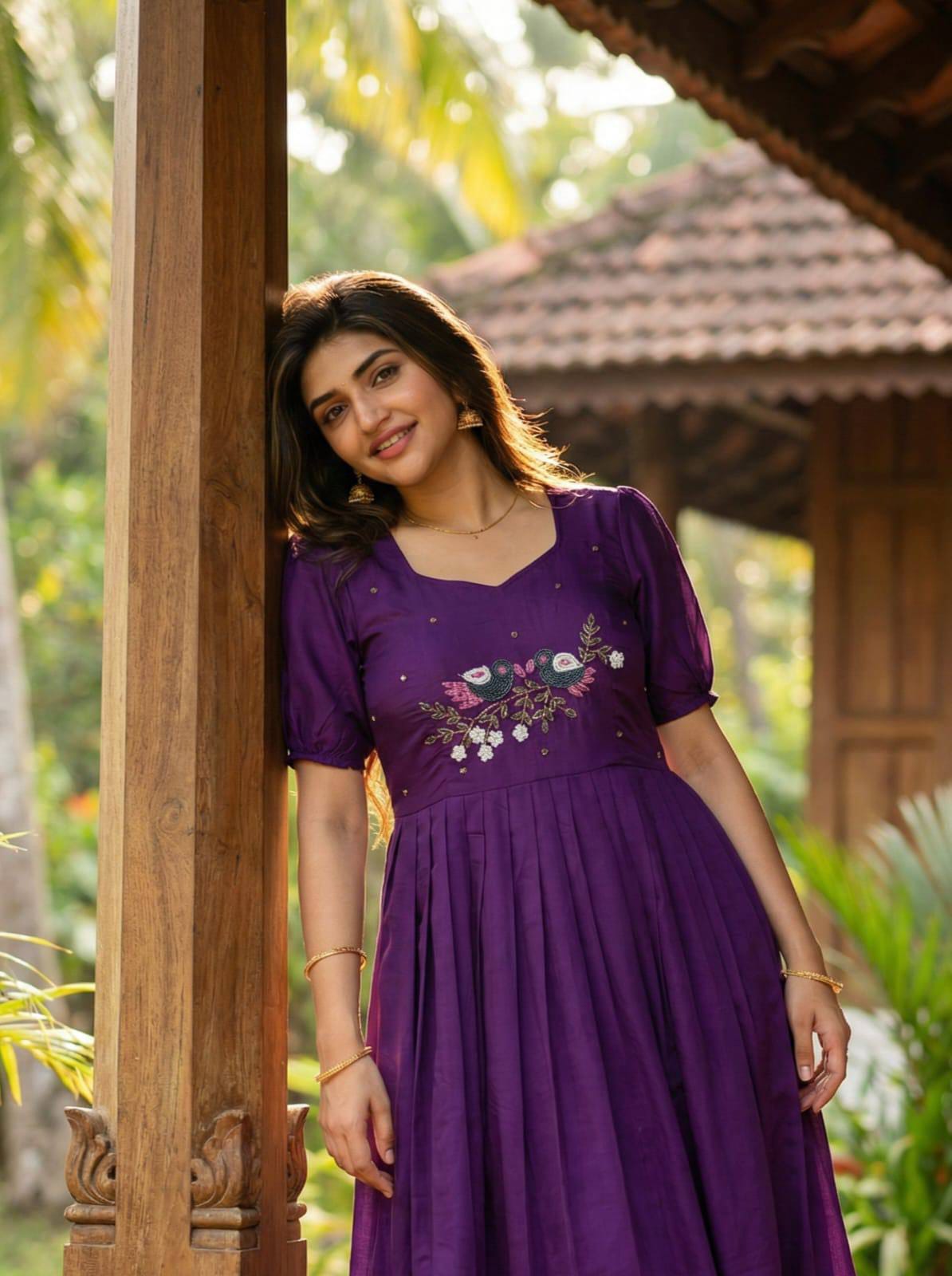 Soft Roman Anarkali Gown with Moti & Kardana Handwork