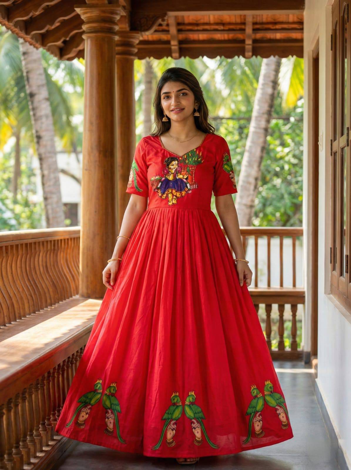 Muslin Kalamkari Print Anarkali Gown with Khatli Handwork