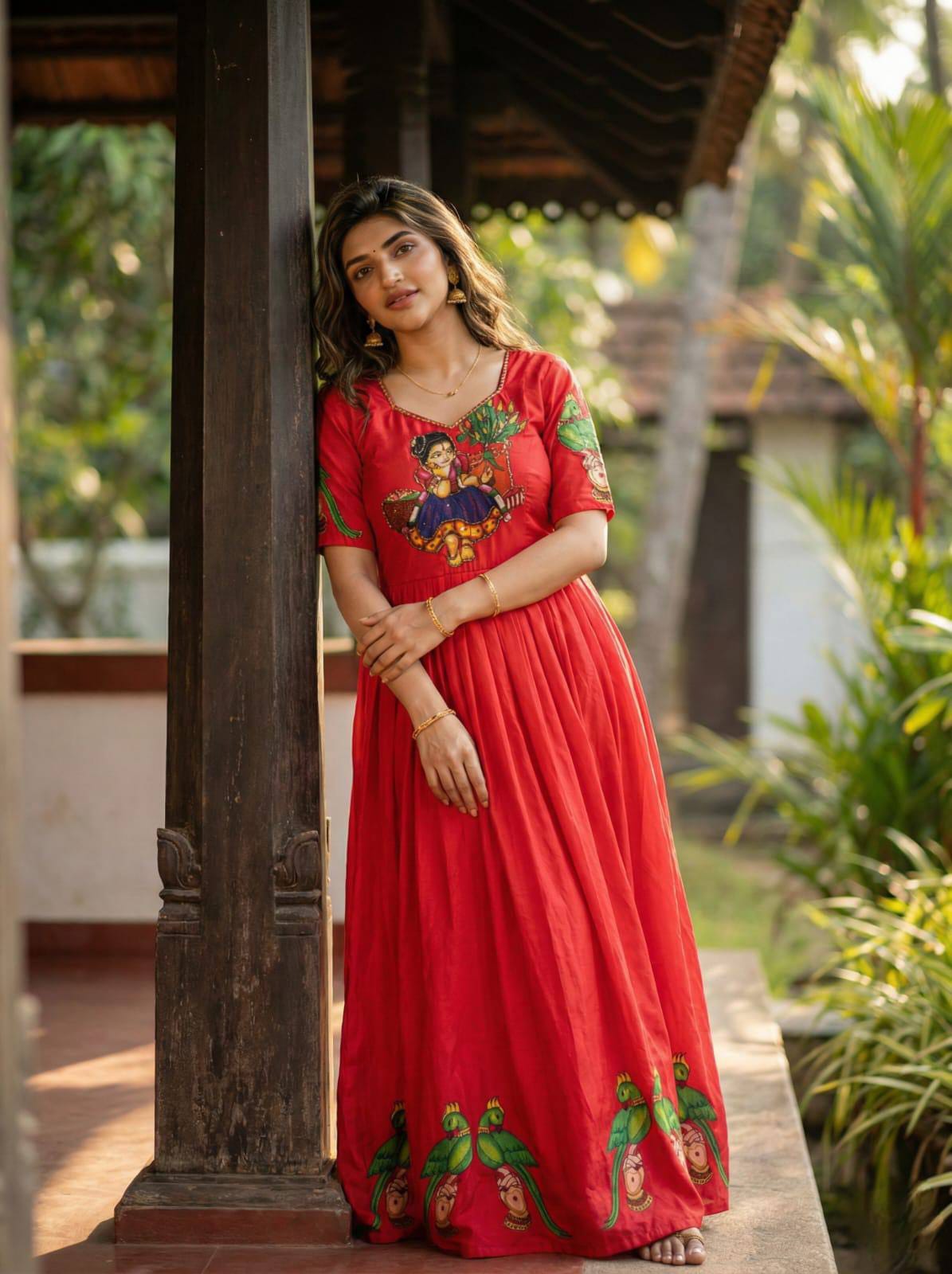 Muslin Kalamkari Print Anarkali Gown with Khatli Handwork