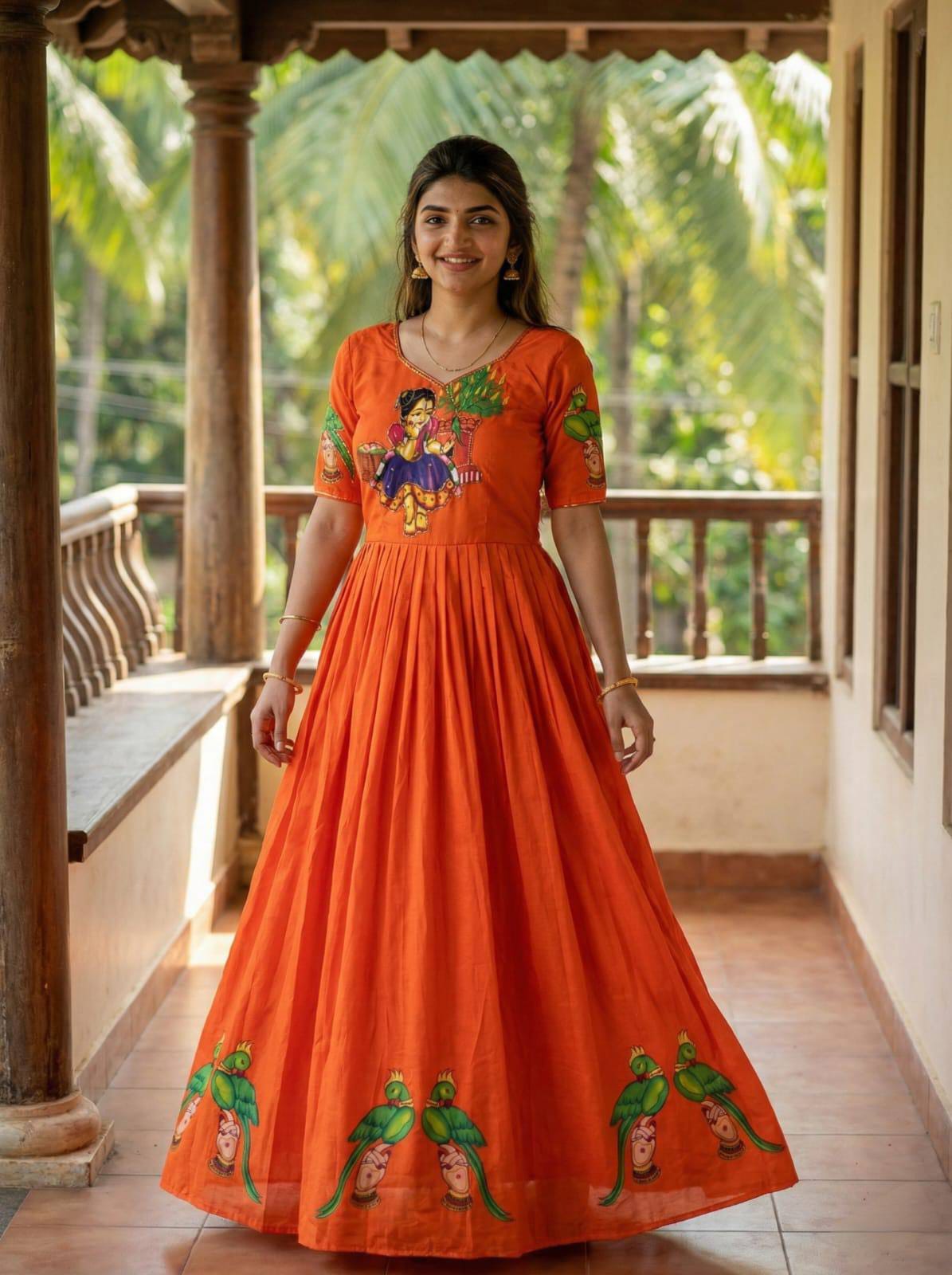 Muslin Kalamkari Print Anarkali Gown with Khatli Handwork