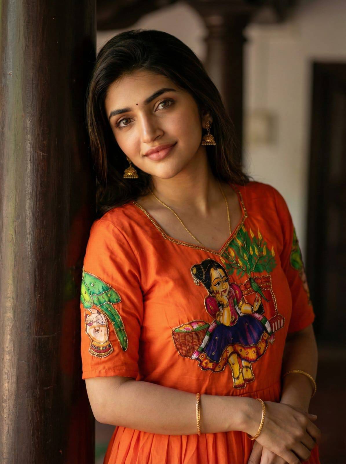 Muslin Kalamkari Print Anarkali Gown with Khatli Handwork
