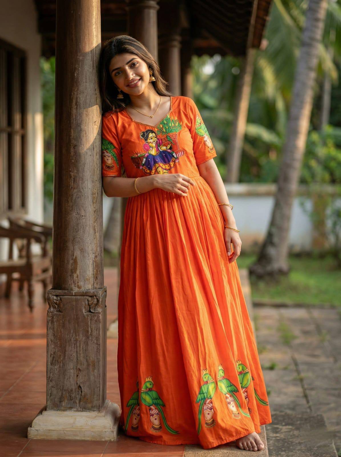 Muslin Kalamkari Print Anarkali Gown with Khatli Handwork