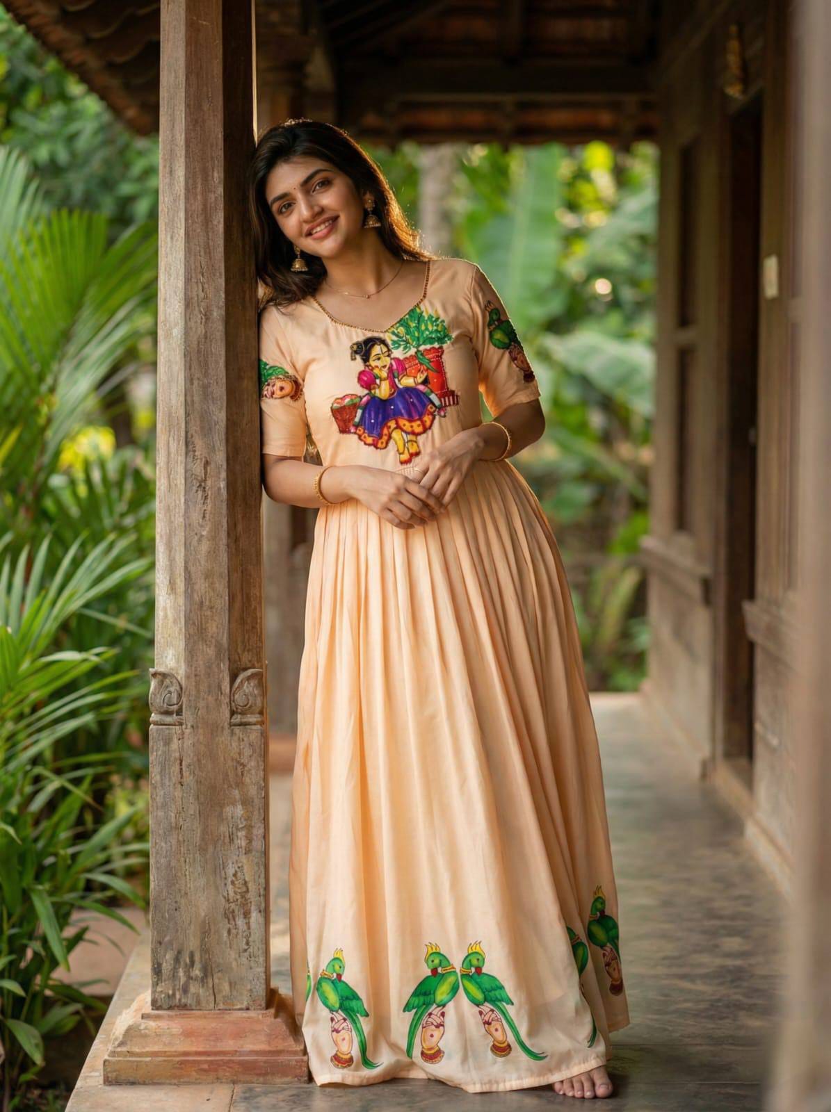 Muslin Kalamkari Print Anarkali Gown with Khatli Handwork