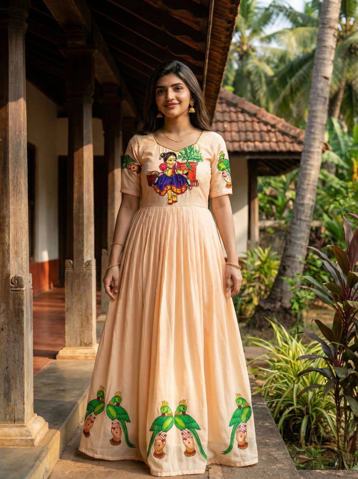 Muslin Kalamkari Print Anarkali Gown with Khatli Handwork