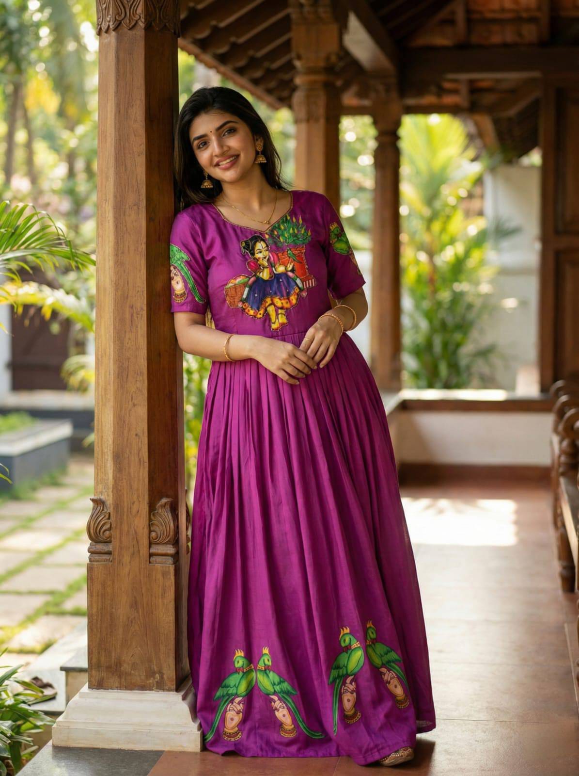 Muslin Kalamkari Print Anarkali Gown with Khatli Handwork