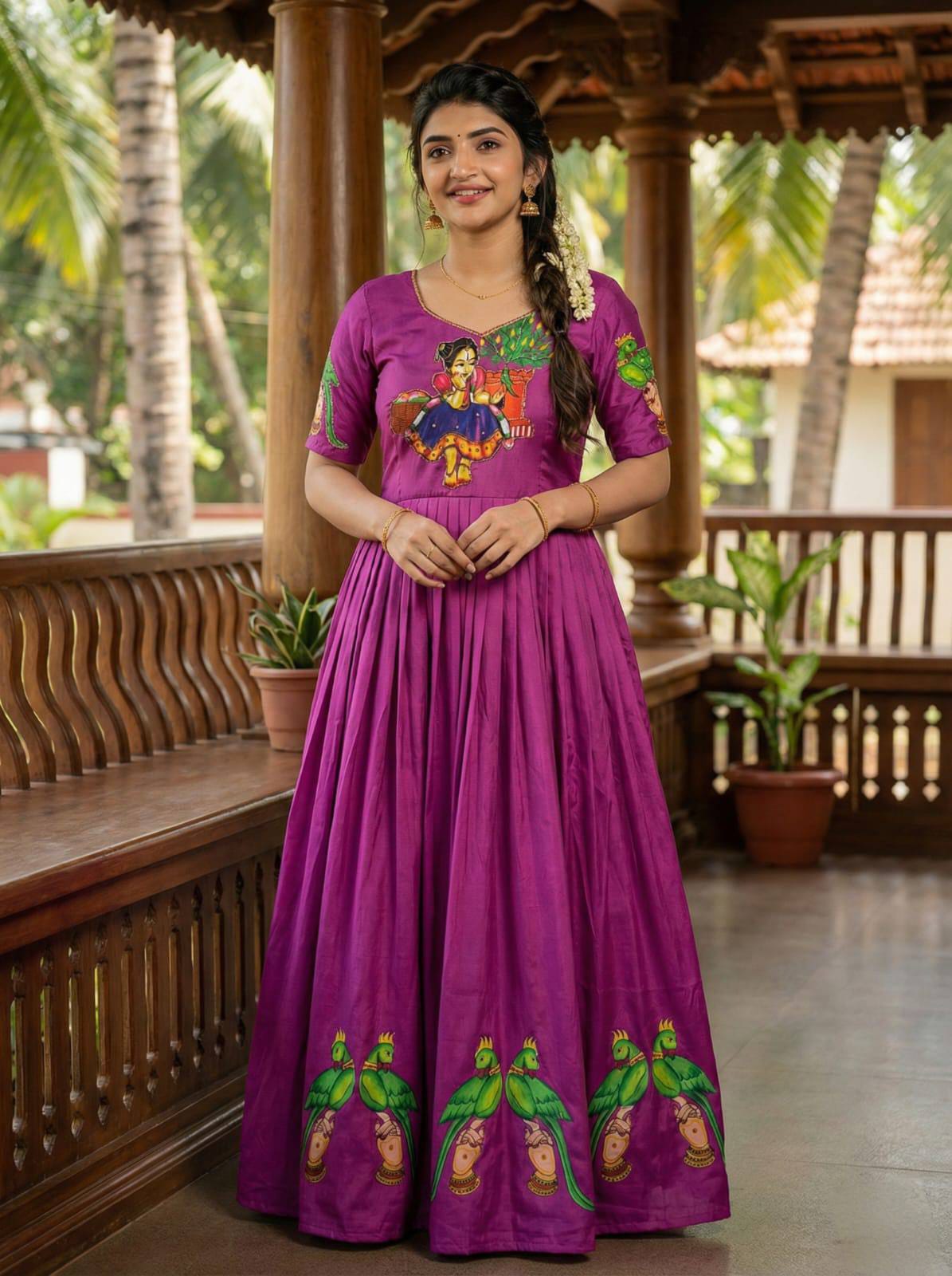 Muslin Kalamkari Print Anarkali Gown with Khatli Handwork