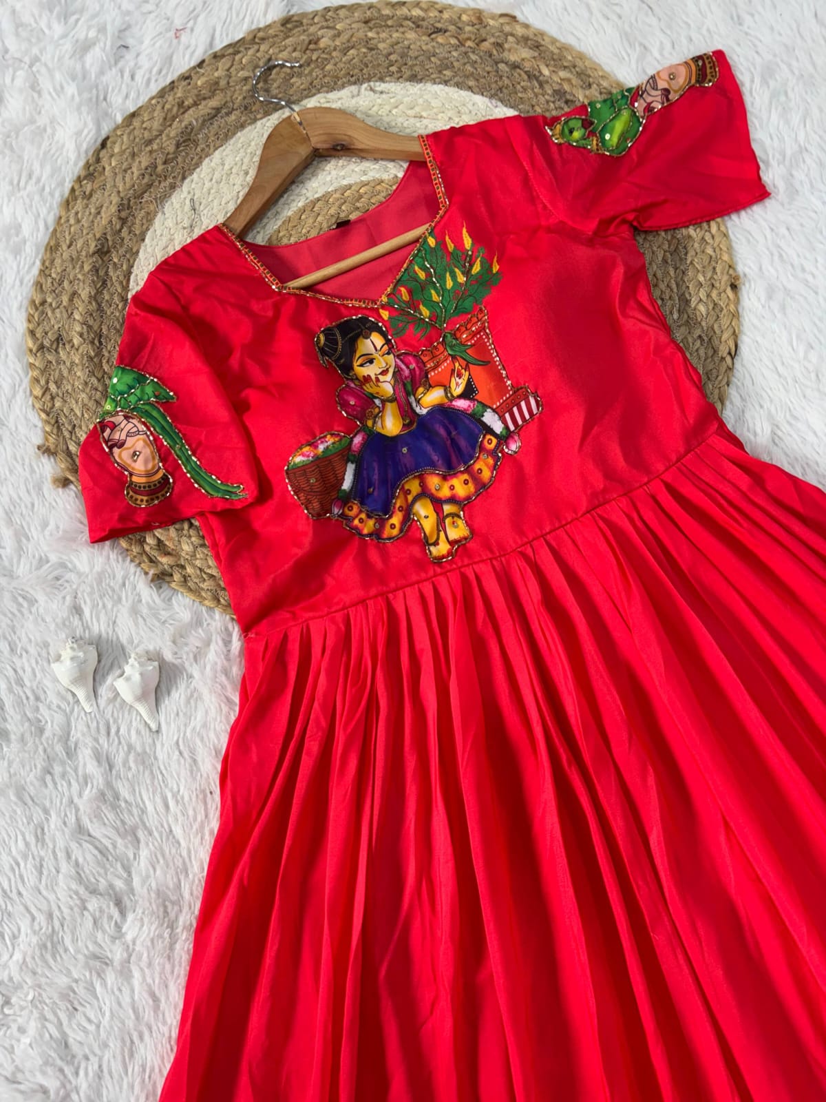 Muslin Kalamkari Print Anarkali Gown with Khatli Handwork