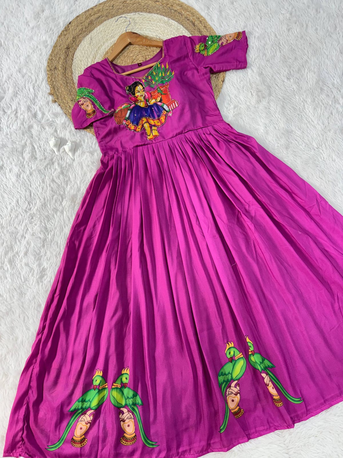 Muslin Kalamkari Print Anarkali Gown with Khatli Handwork