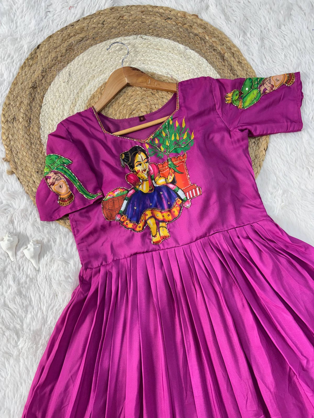 Muslin Kalamkari Print Anarkali Gown with Khatli Handwork