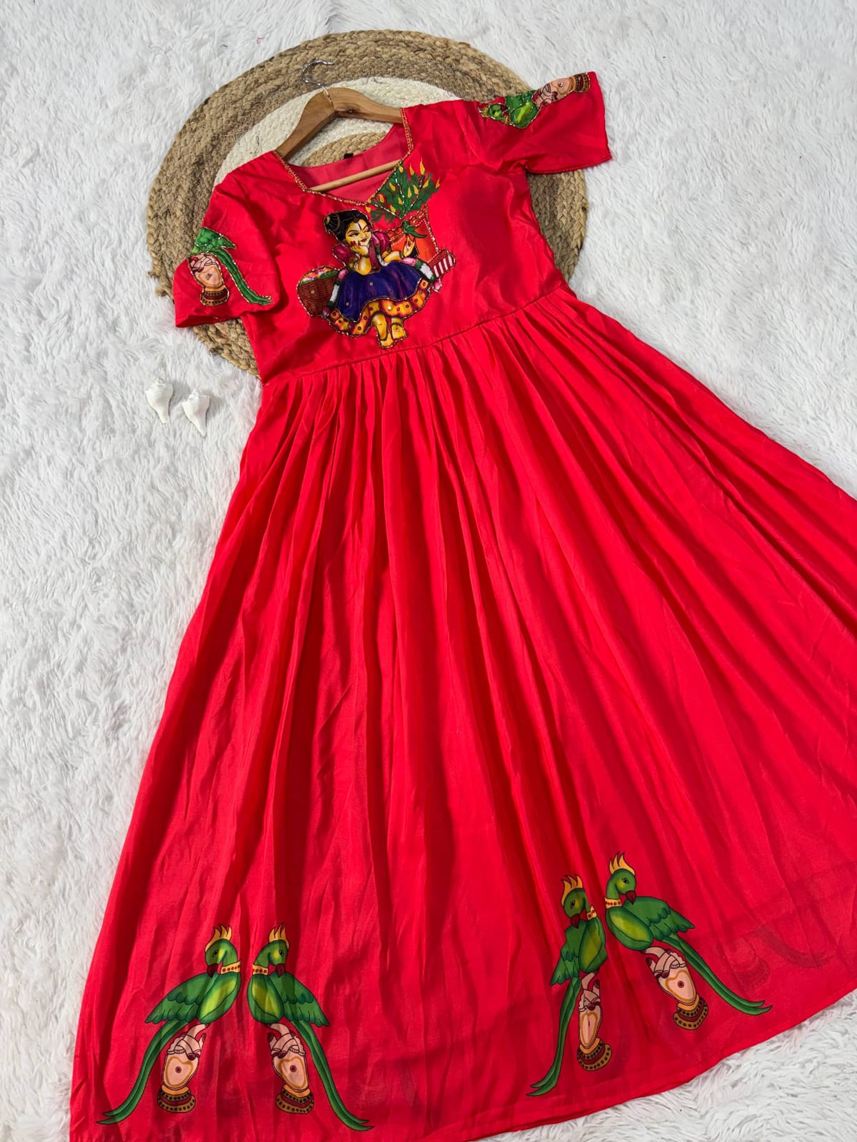 Muslin Kalamkari Print Anarkali Gown with Khatli Handwork