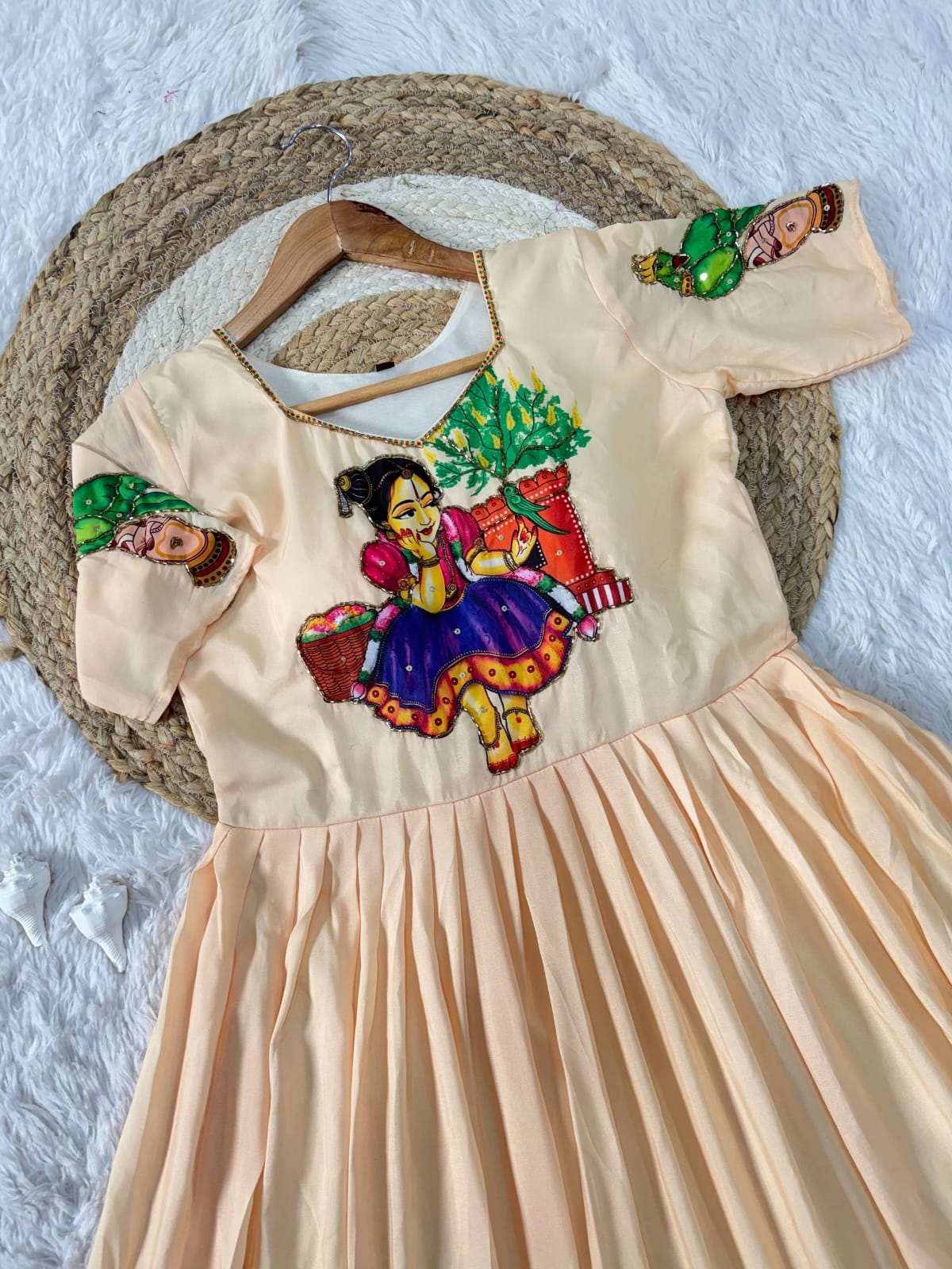 Muslin Kalamkari Print Anarkali Gown with Khatli Handwork