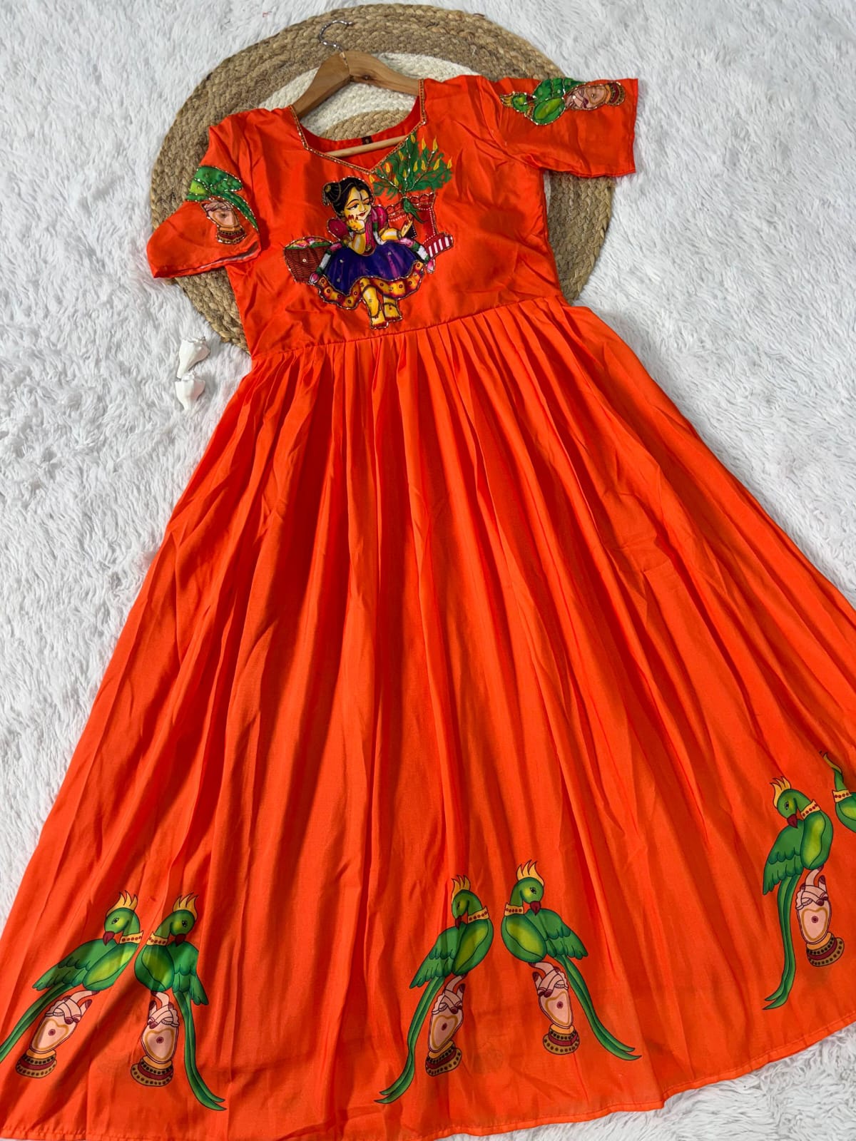 Muslin Kalamkari Print Anarkali Gown with Khatli Handwork
