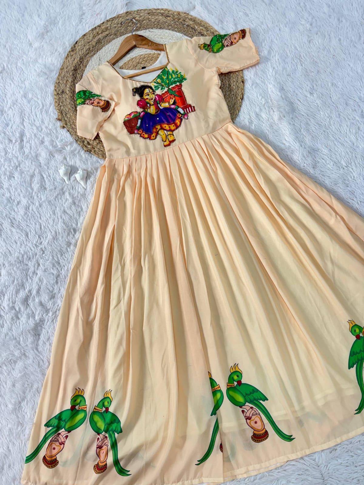 Muslin Kalamkari Print Anarkali Gown with Khatli Handwork