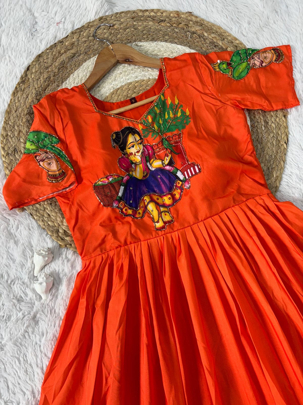 Muslin Kalamkari Print Anarkali Gown with Khatli Handwork