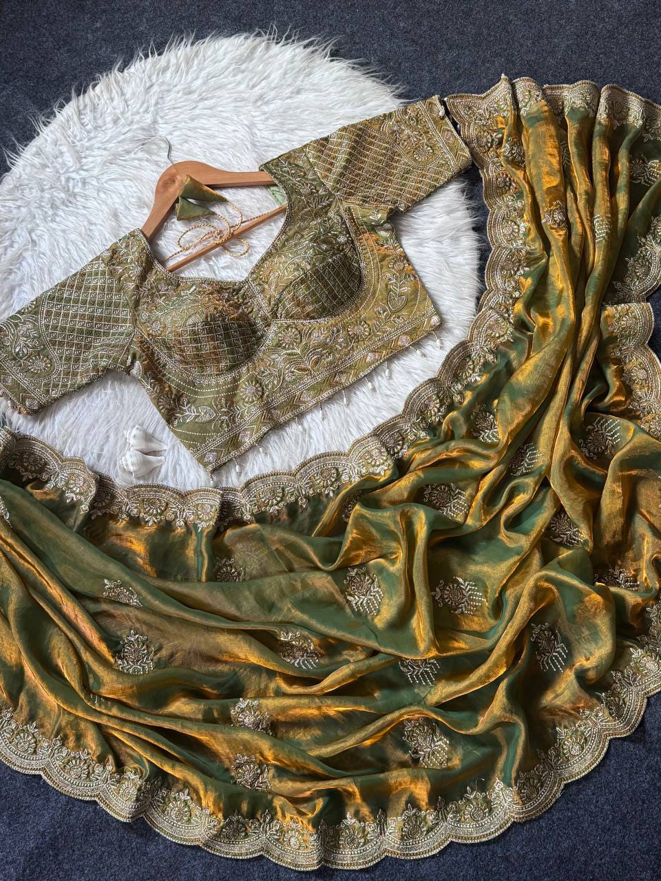 Lotus Embroidered Satin Saree with Readymade Katori Blouse