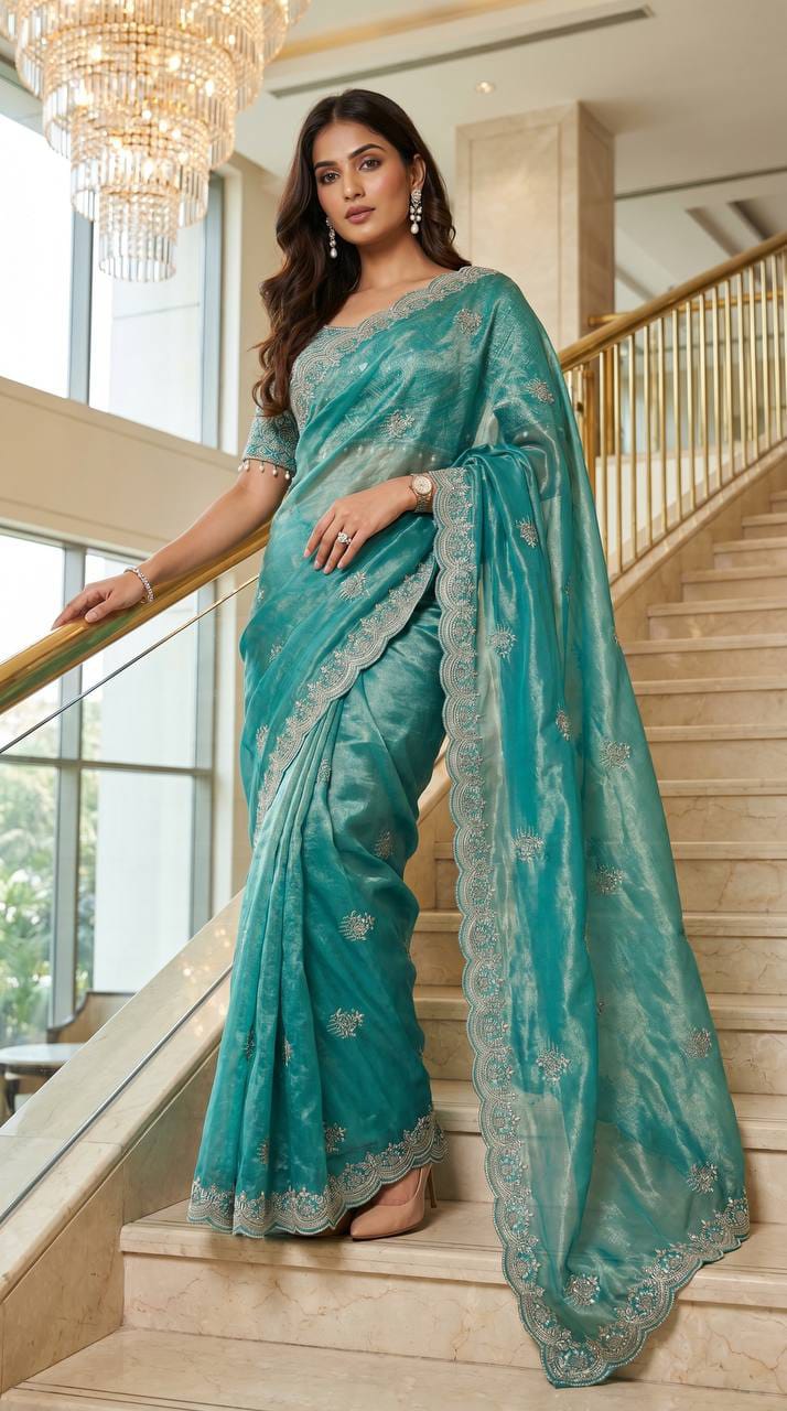 Lotus Embroidered Satin Saree with Readymade Katori Blouse