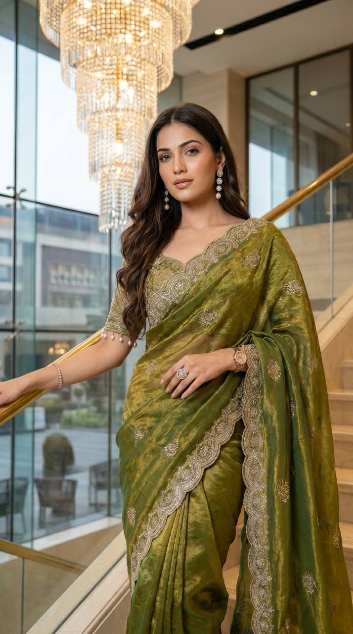 Lotus Embroidered Satin Saree with Readymade Katori Blouse