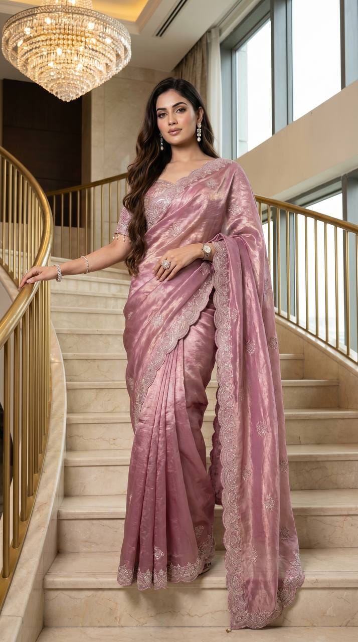 Lotus Embroidered Satin Saree with Readymade Katori Blouse