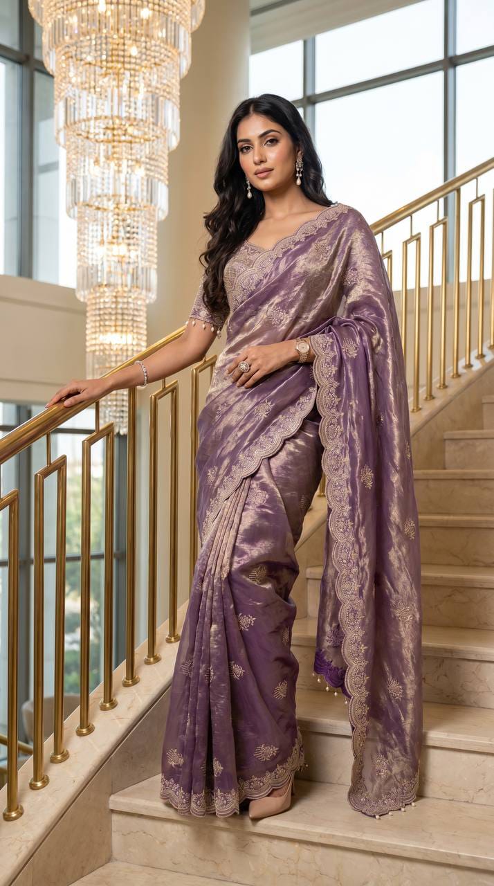 Lotus Embroidered Satin Saree with Readymade Katori Blouse