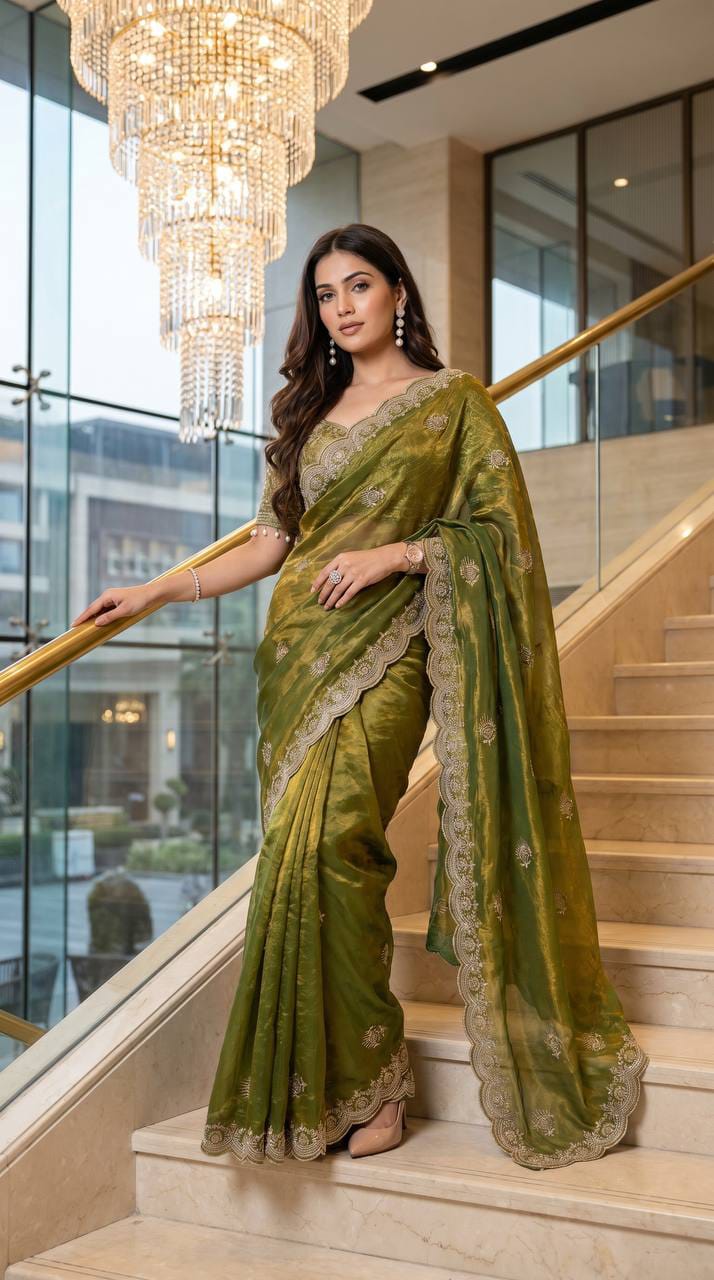 Lotus Embroidered Satin Saree with Readymade Katori Blouse