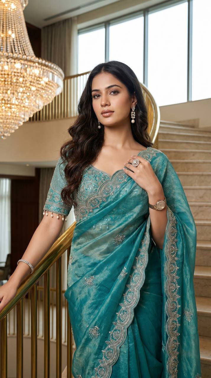 Lotus Embroidered Satin Saree with Readymade Katori Blouse