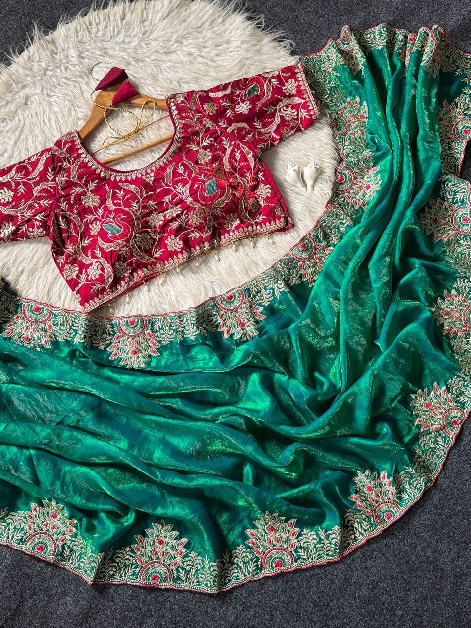 Designer Satin Silk Embroidered Saree with Stitched Blouse