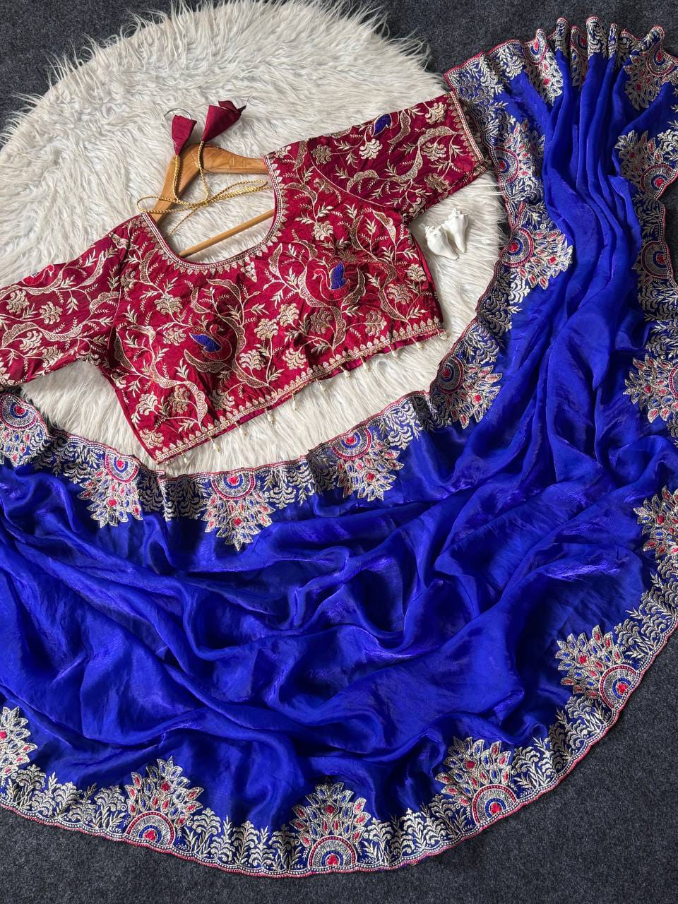 Designer Satin Silk Embroidered Saree with Stitched Blouse