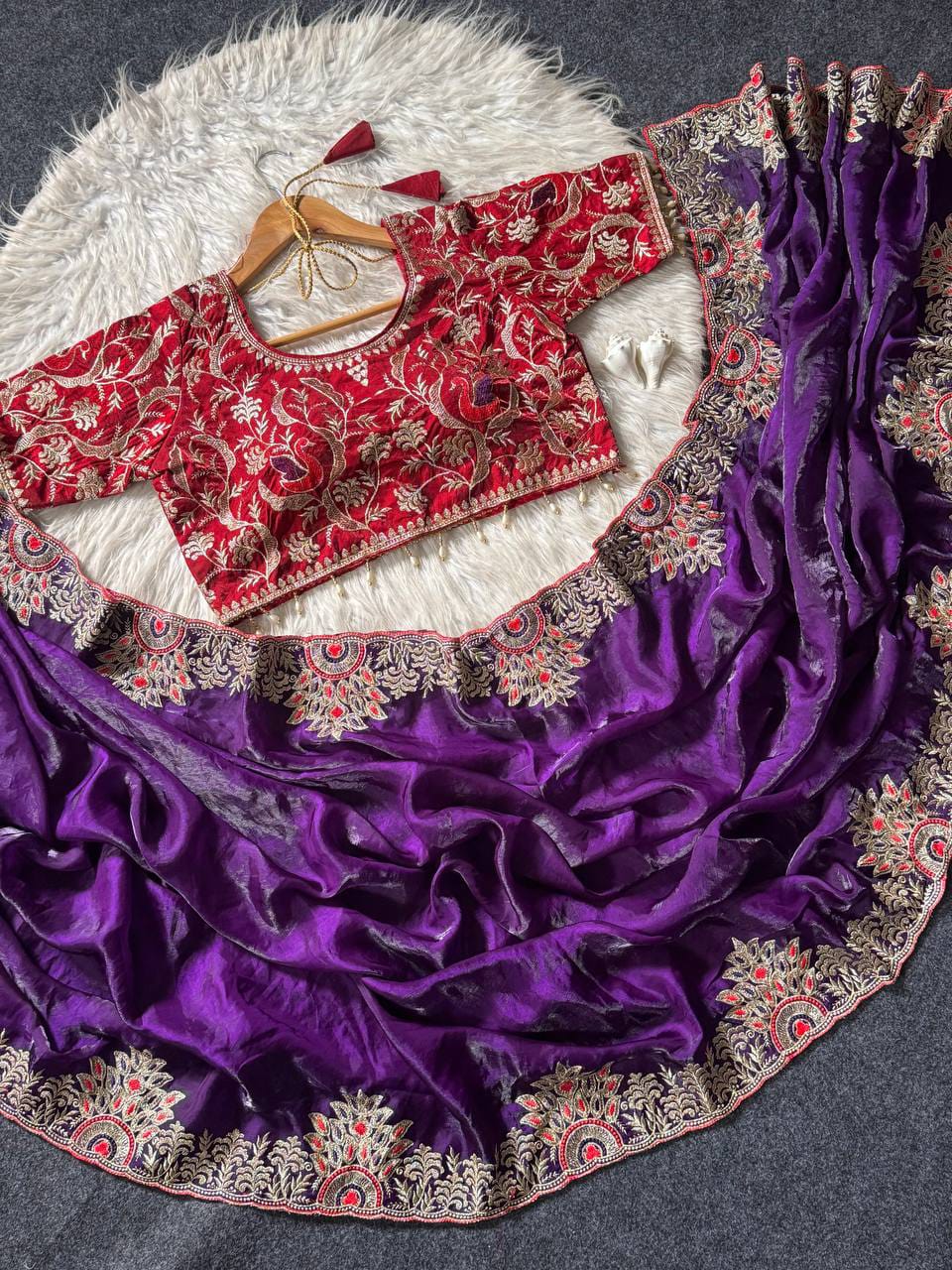 Designer Satin Silk Embroidered Saree with Stitched Blouse