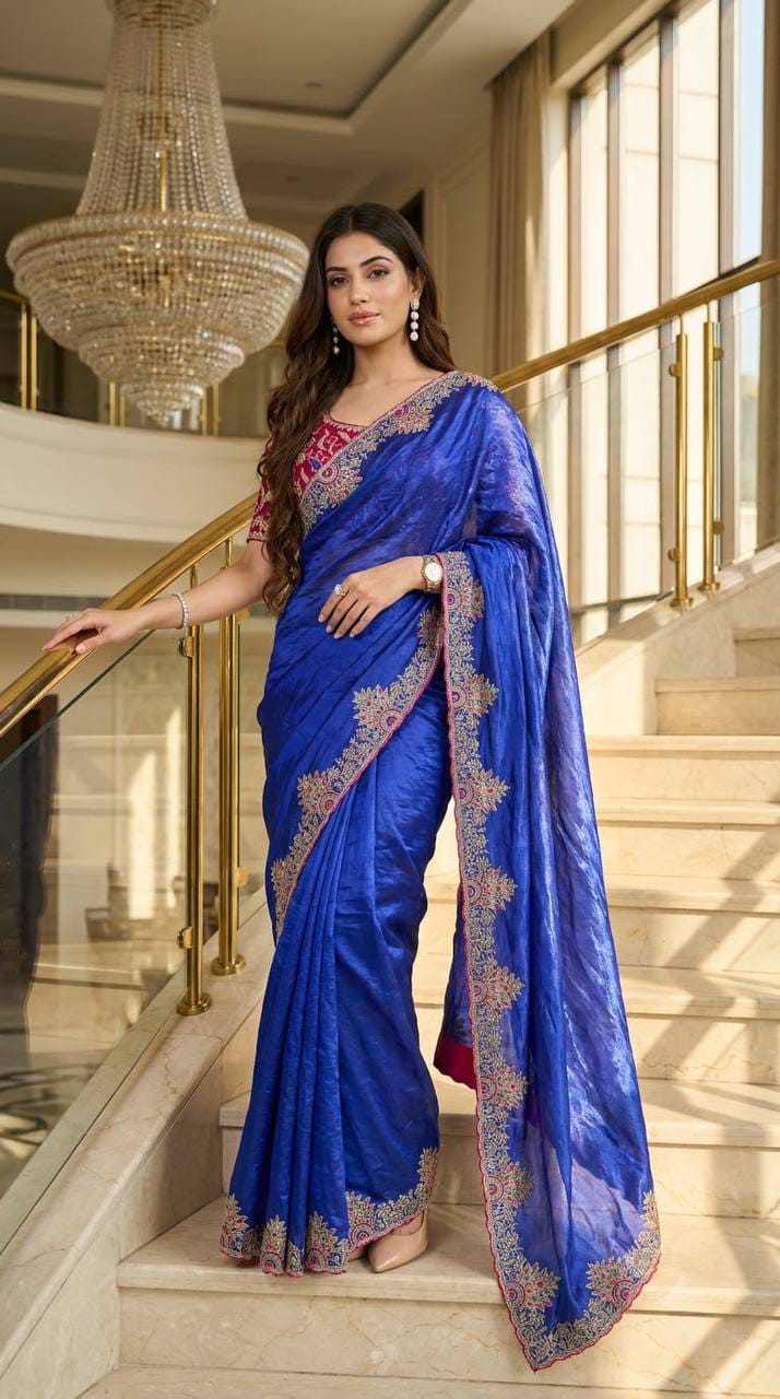 Designer Satin Silk Embroidered Saree with Stitched Blouse