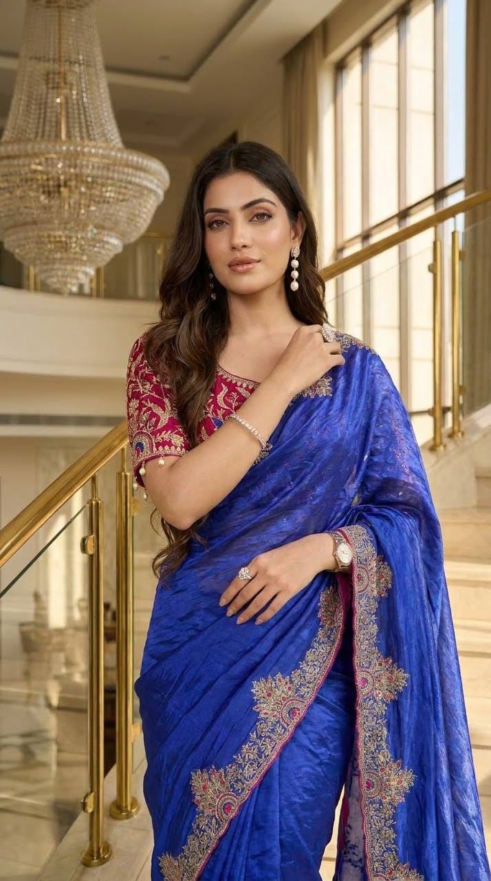 Designer Satin Silk Embroidered Saree with Stitched Blouse