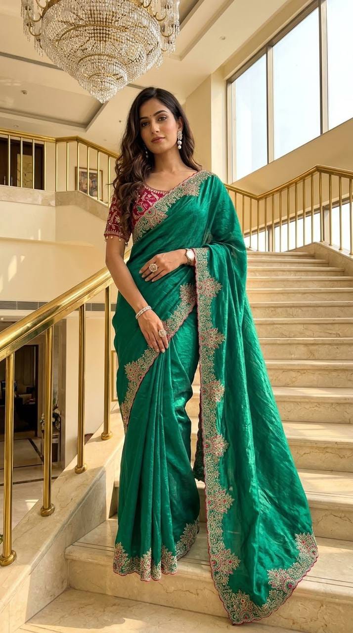 Designer Satin Silk Embroidered Saree with Stitched Blouse