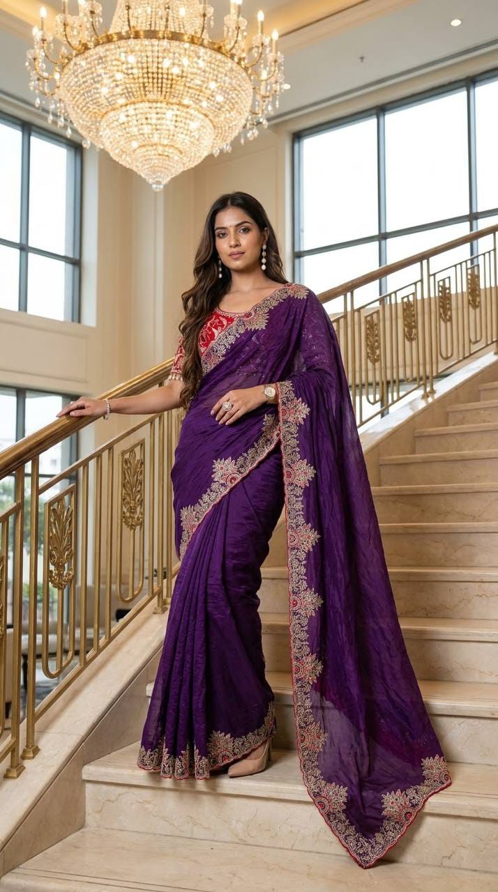 Designer Satin Silk Embroidered Saree with Stitched Blouse