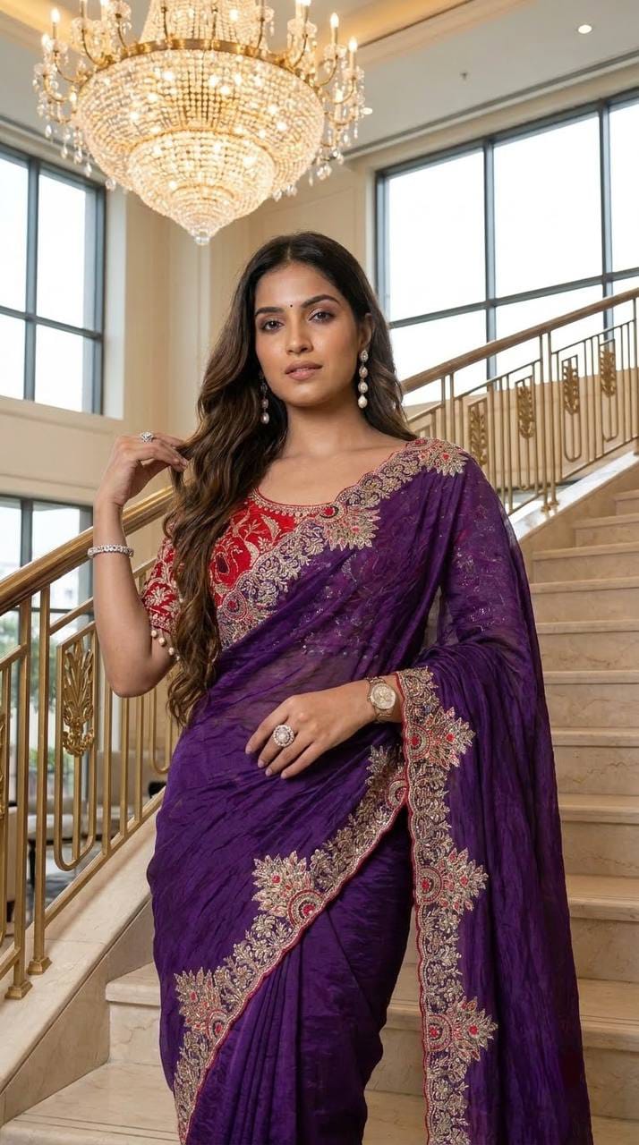 Designer Satin Silk Embroidered Saree with Stitched Blouse