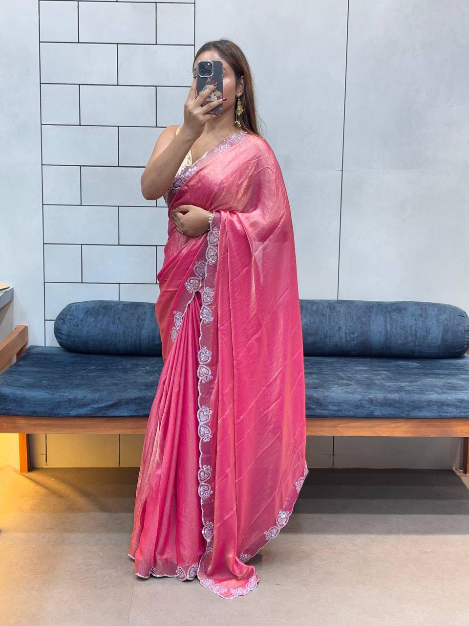 Space Silk Saree with Heart Diamond Cutwork Border