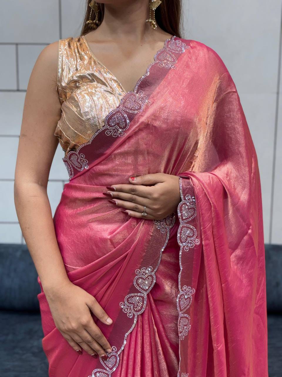 Space Silk Saree with Heart Diamond Cutwork Border